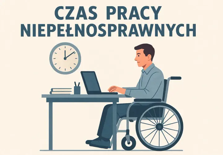 Mężczyzna na wózku pracuje przy biurku. Czy osoba niepełnosprawna może pracować w soboty i niedzielę? Czas pracy niepełnosprawnych.
