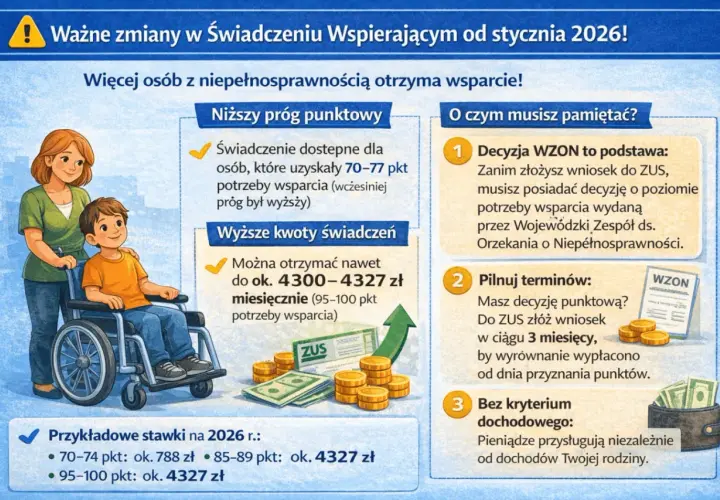 Ważne zmiany w świadczeniach dla niepełnosprawnych od 2026 r. Niższy próg punktowy, wyższe kwoty wsparcia, nawet 4327 zł miesięcznie.