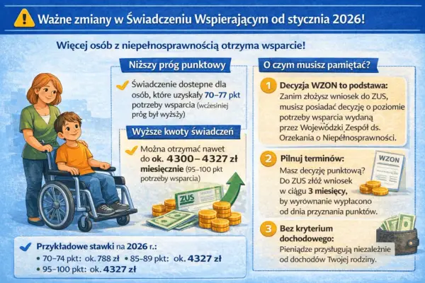 Ważne zmiany w świadczeniach dla niepełnosprawnych od 2026 r. Niższy próg punktowy, wyższe kwoty wsparcia, nawet 4327 zł miesięcznie.
